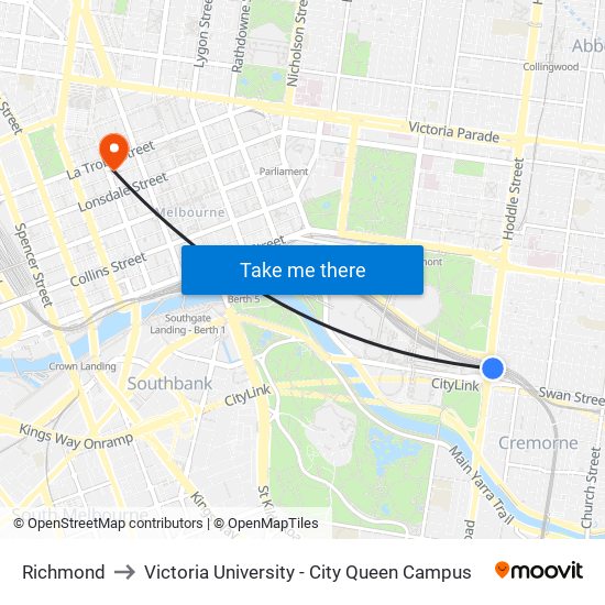 Richmond to Victoria University - City Queen Campus map