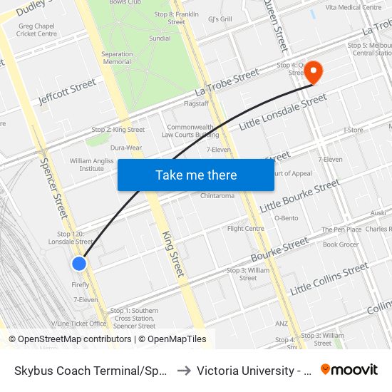 Skybus Coach Terminal/Spencer St (Melbourne City) to Victoria University - City Queen Campus map