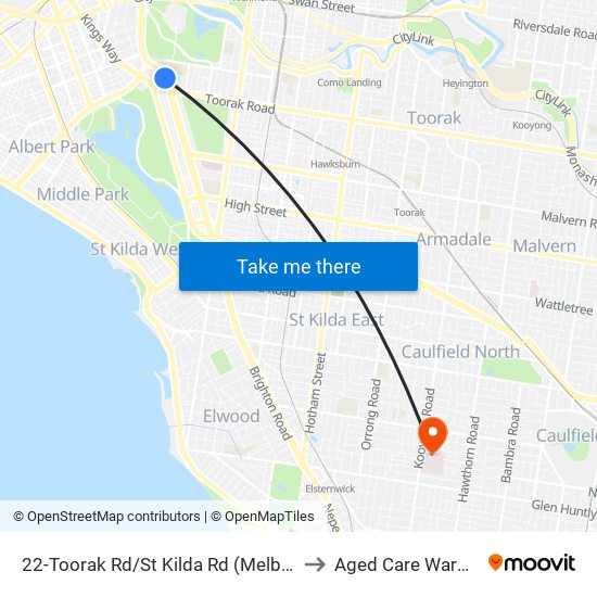 22-Toorak Rd/St Kilda Rd (Melbourne City) to Aged Care Ward Block map