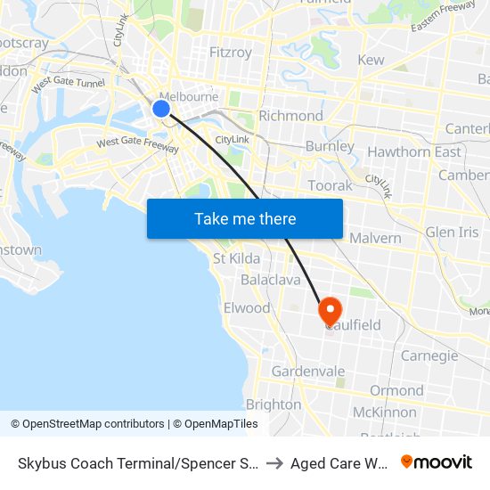 Skybus Coach Terminal/Spencer St (Melbourne City) to Aged Care Ward Block map