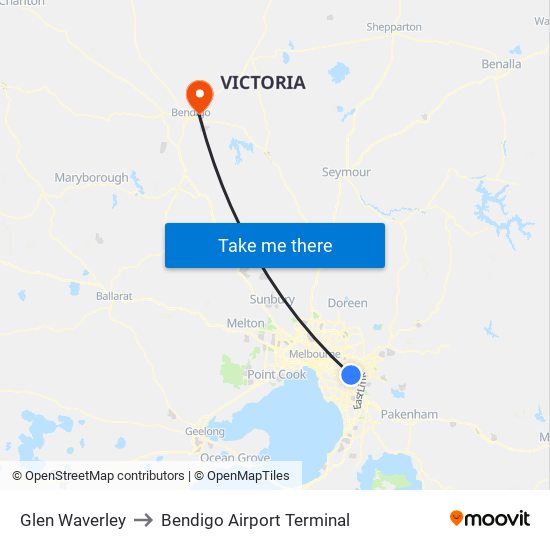 Glen Waverley to Bendigo Airport Terminal map