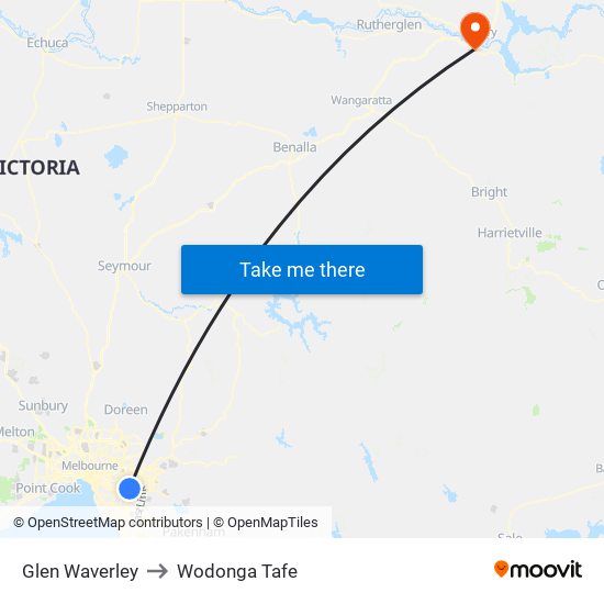 Glen Waverley to Wodonga Tafe map