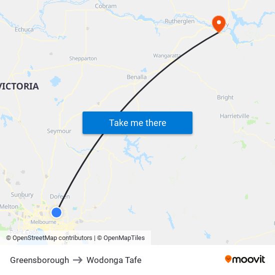 Greensborough to Wodonga Tafe map