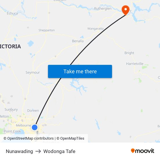 Nunawading to Wodonga Tafe map