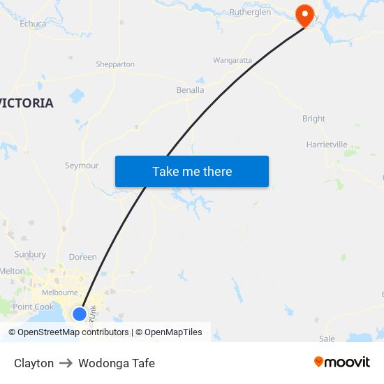 Clayton to Wodonga Tafe map