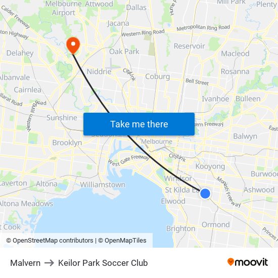 Malvern to Keilor Park Soccer Club map