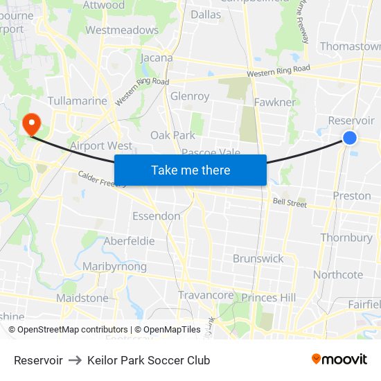 Reservoir to Keilor Park Soccer Club map