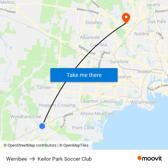 Werribee to Keilor Park Soccer Club map