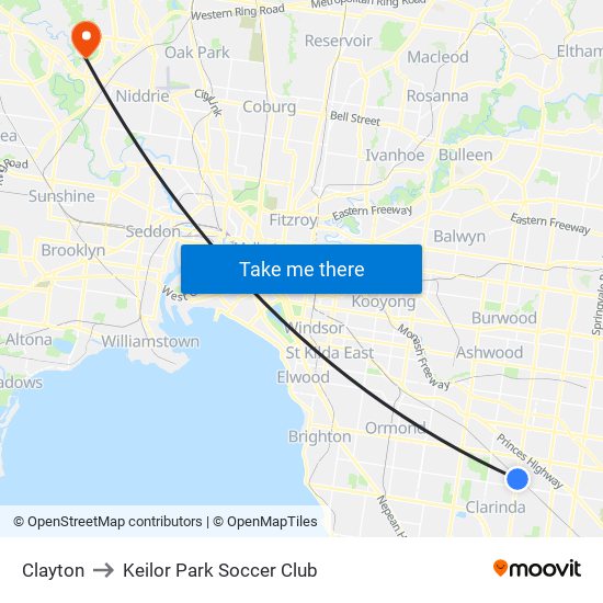 Clayton to Keilor Park Soccer Club map