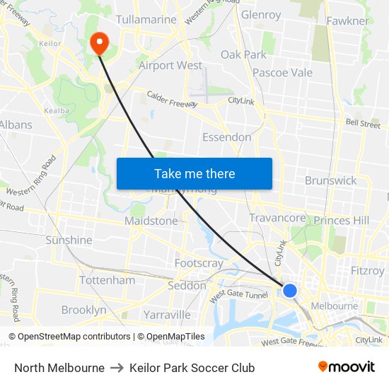 North Melbourne to Keilor Park Soccer Club map