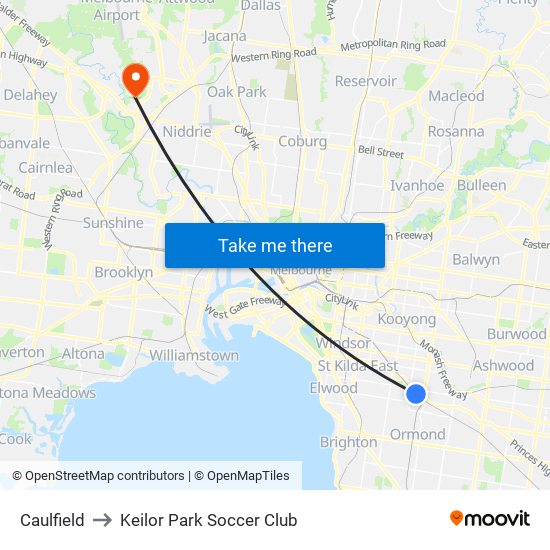 Caulfield to Keilor Park Soccer Club map