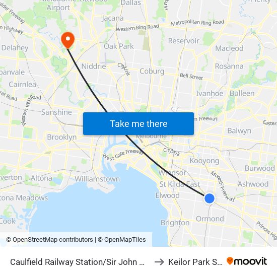 Caulfield Railway Station/Sir John Monash Dr (Caulfield East) to Keilor Park Soccer Club map