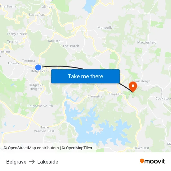 Belgrave to Lakeside map