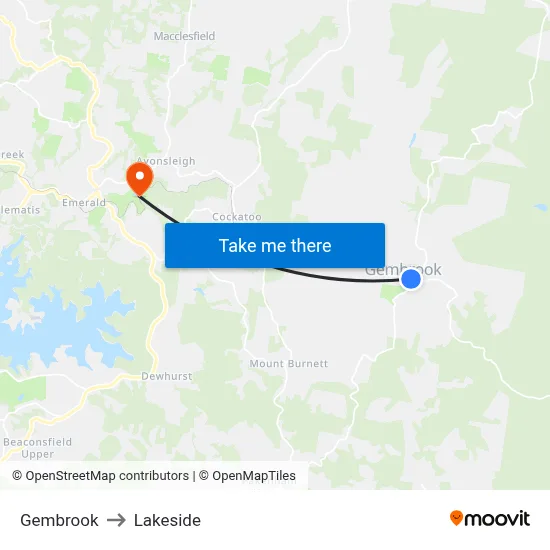 Gembrook to Lakeside map