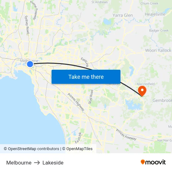 Melbourne to Lakeside map