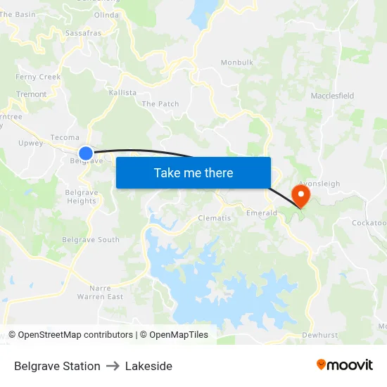 Belgrave Station to Lakeside map