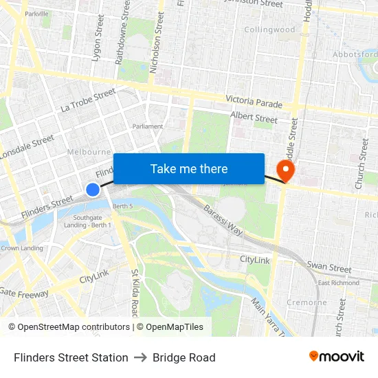 Flinders Street Station to Bridge Road map