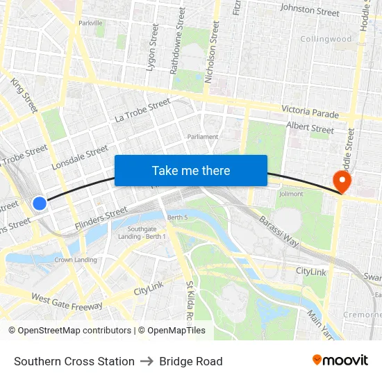 Southern Cross Station to Bridge Road map