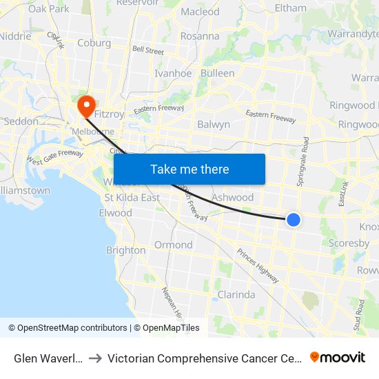 Glen Waverley to Victorian Comprehensive Cancer Centre map