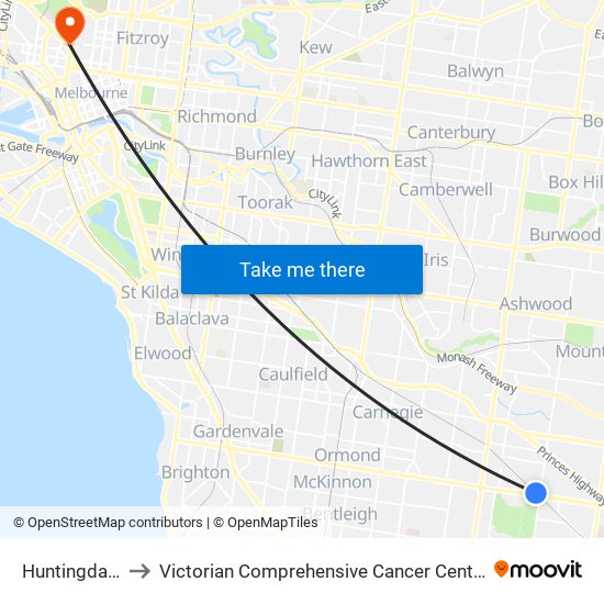 Huntingdale to Victorian Comprehensive Cancer Centre map