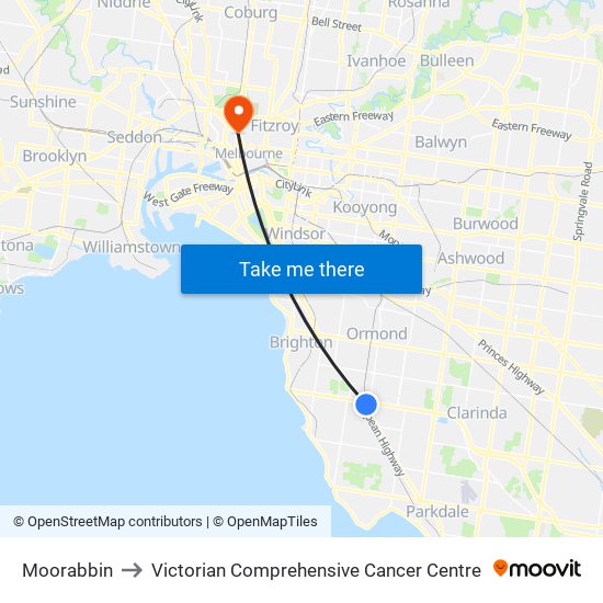 Moorabbin to Victorian Comprehensive Cancer Centre map
