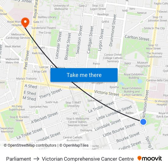 Parliament to Victorian Comprehensive Cancer Centre map