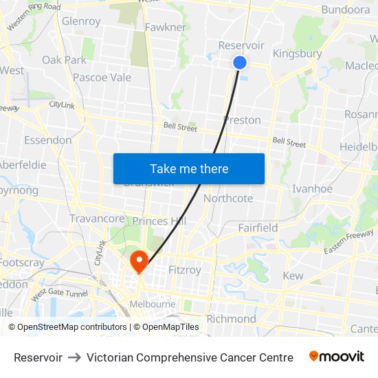 Reservoir to Victorian Comprehensive Cancer Centre map