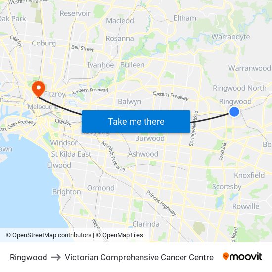Ringwood to Victorian Comprehensive Cancer Centre map