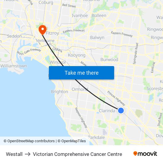 Westall to Victorian Comprehensive Cancer Centre map