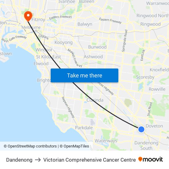 Dandenong to Victorian Comprehensive Cancer Centre map