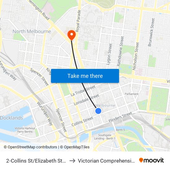 2-Collins St/Elizabeth St (Melbourne City) to Victorian Comprehensive Cancer Centre map