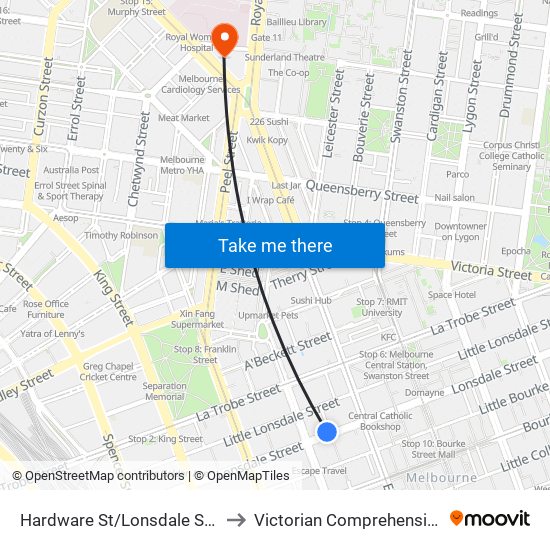 Hardware St/Lonsdale St (Melbourne City) to Victorian Comprehensive Cancer Centre map