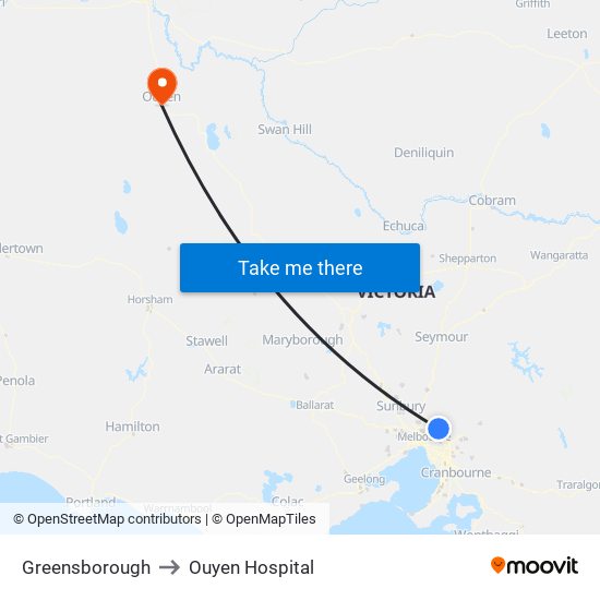 Greensborough to Ouyen Hospital map