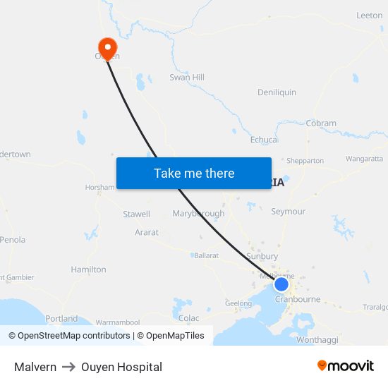 Malvern to Ouyen Hospital map