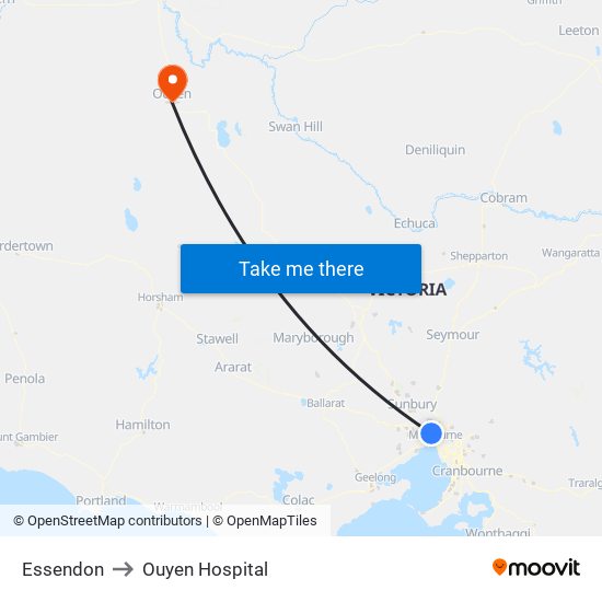 Essendon to Ouyen Hospital map