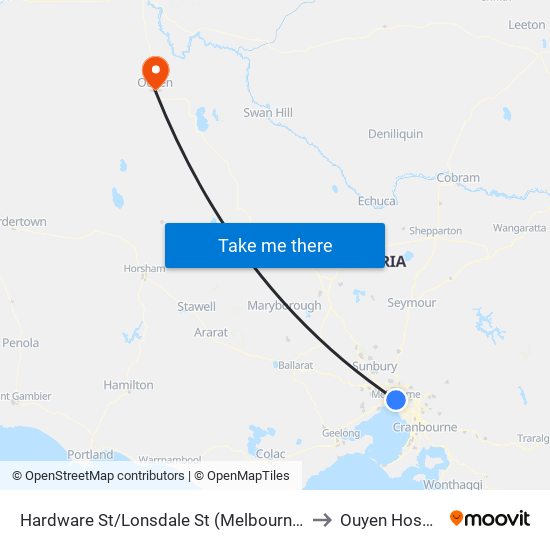 Hardware St/Lonsdale St (Melbourne City) to Ouyen Hospital map