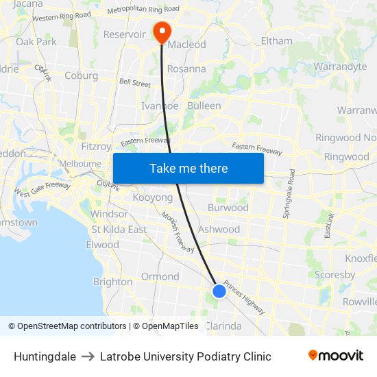 Huntingdale to Latrobe University Podiatry Clinic map