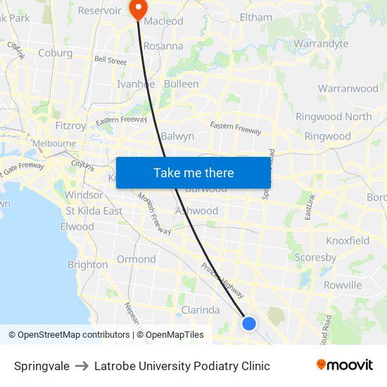 Springvale to Latrobe University Podiatry Clinic map