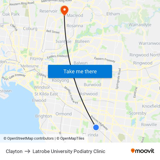 Clayton to Latrobe University Podiatry Clinic map