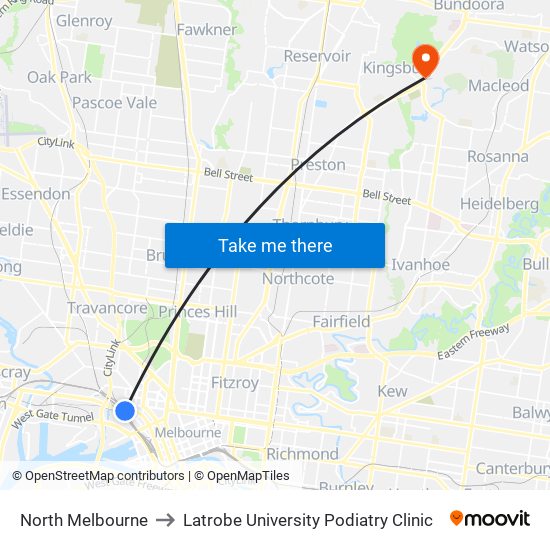 North Melbourne to Latrobe University Podiatry Clinic map