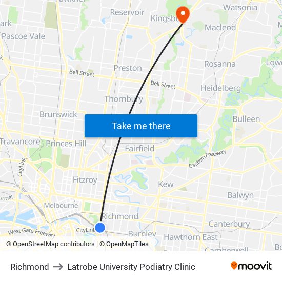 Richmond to Latrobe University Podiatry Clinic map