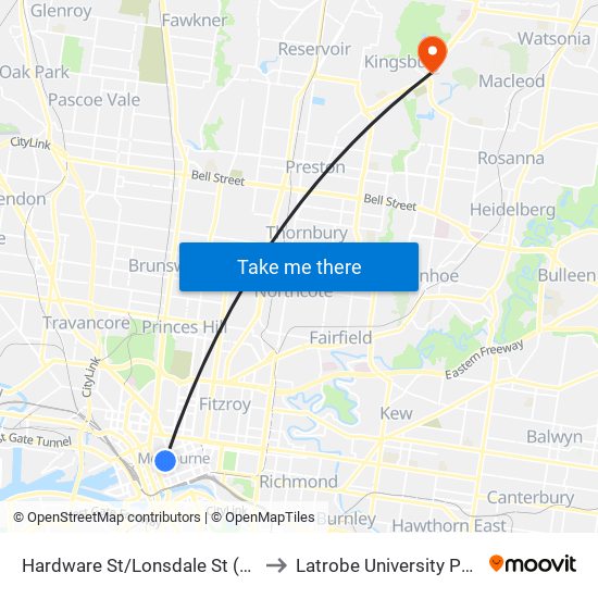Hardware St/Lonsdale St (Melbourne City) to Latrobe University Podiatry Clinic map