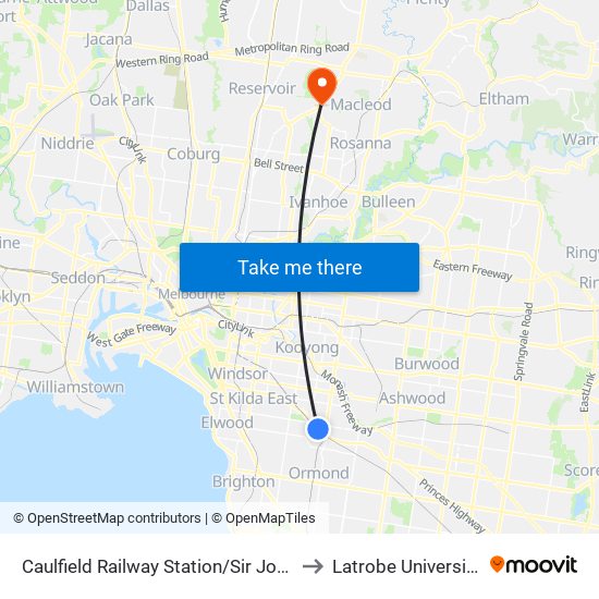 Caulfield Railway Station/Sir John Monash Dr (Caulfield East) to Latrobe University Podiatry Clinic map