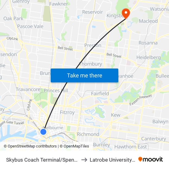 Skybus Coach Terminal/Spencer St (Melbourne City) to Latrobe University Podiatry Clinic map