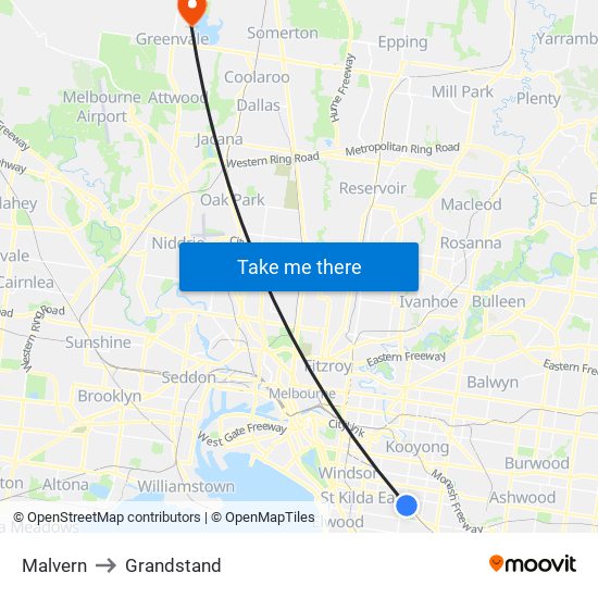 Malvern to Grandstand map