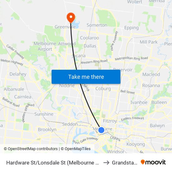 Hardware St/Lonsdale St (Melbourne City) to Grandstand map