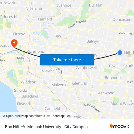 Box Hill to Monash University - City Campus map