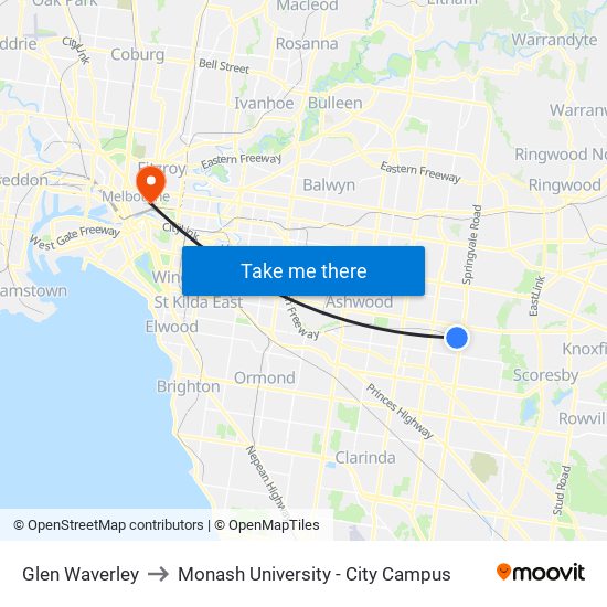 Glen Waverley to Monash University - City Campus map