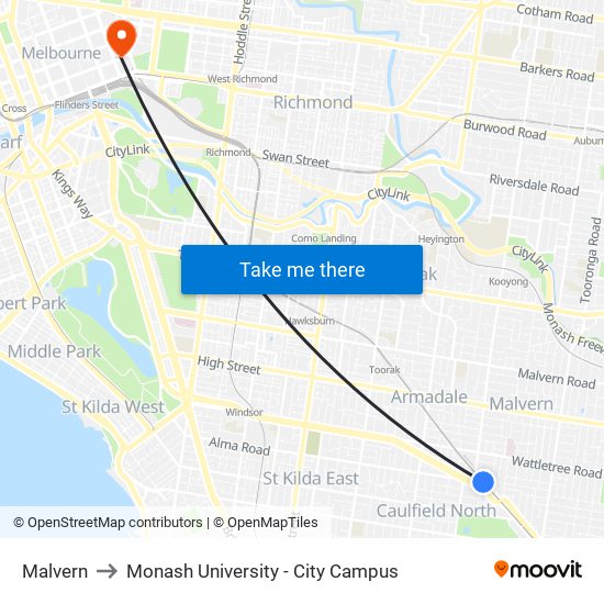 Malvern to Monash University - City Campus map