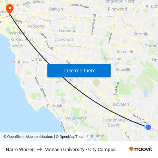 Narre Warren to Monash University - City Campus map